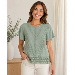 Cloth & Portrait Lace Embroidered Blouse Womens Small Sage Green